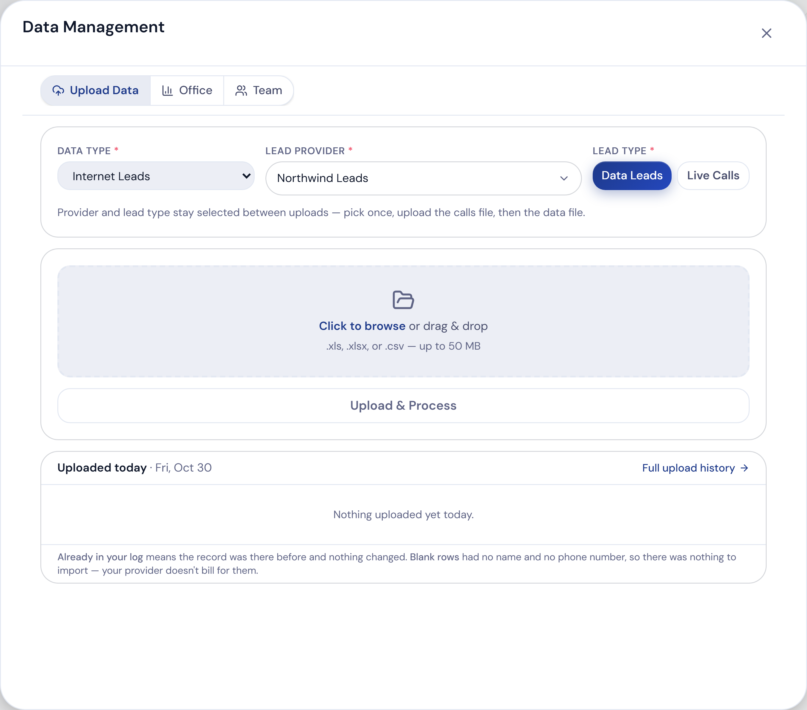 Data Management, Upload Data: Internet Leads chosen under Data type, Northwind Leads as the Lead Provider and Data Leads pressed under Lead Type, above the box where the file goes.