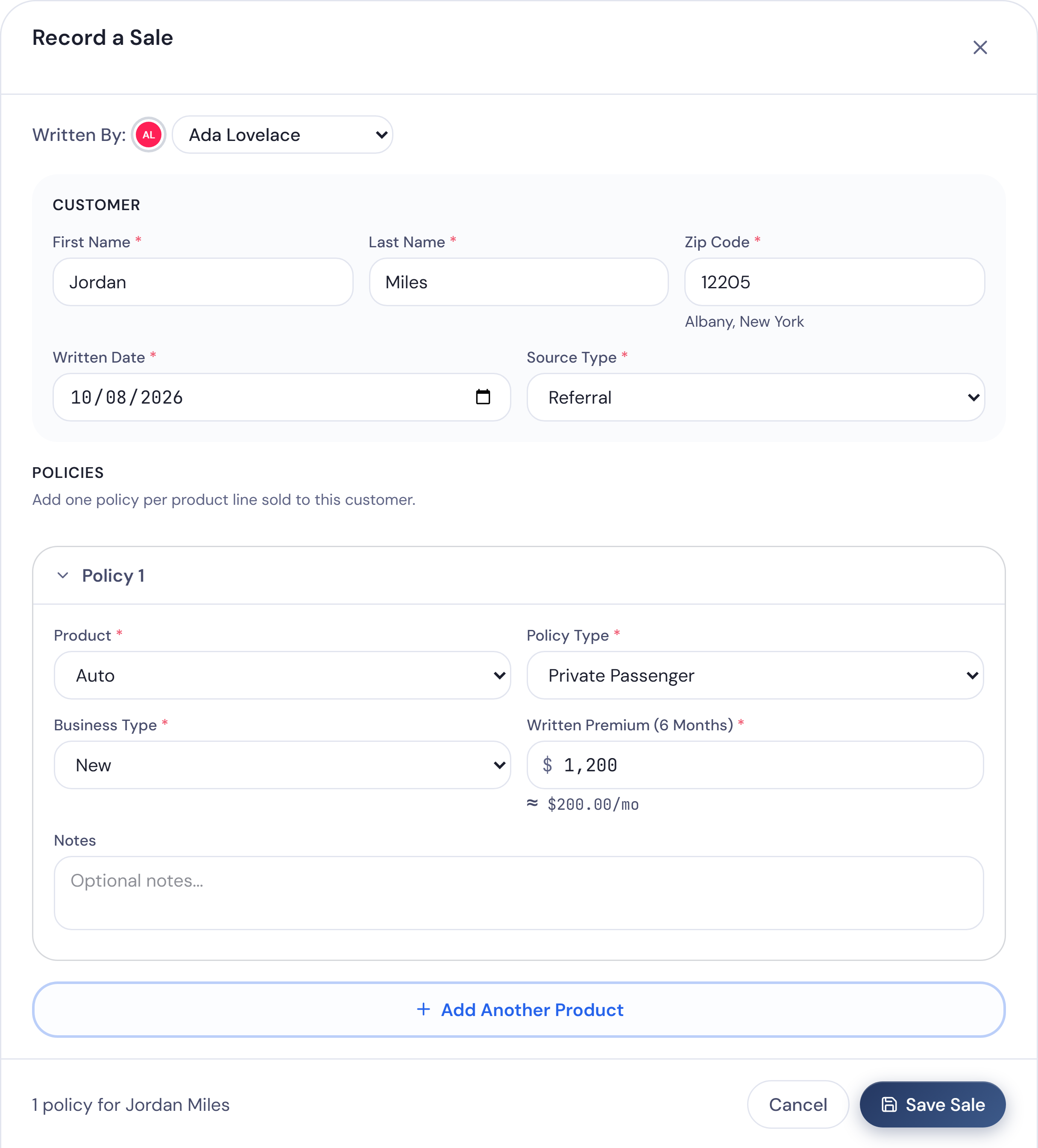 Record a Sale, the whole form filled in for one sale: who wrote it, the customer, the date and the source, and one auto policy with its premium.