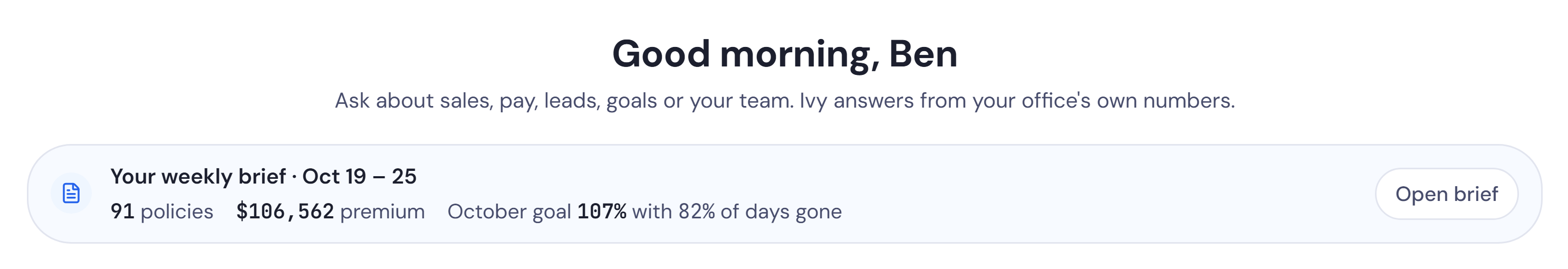 The top of Ask Ivy’s home: the greeting and Your weekly brief, with last week’s policies and premium and the month’s goal.