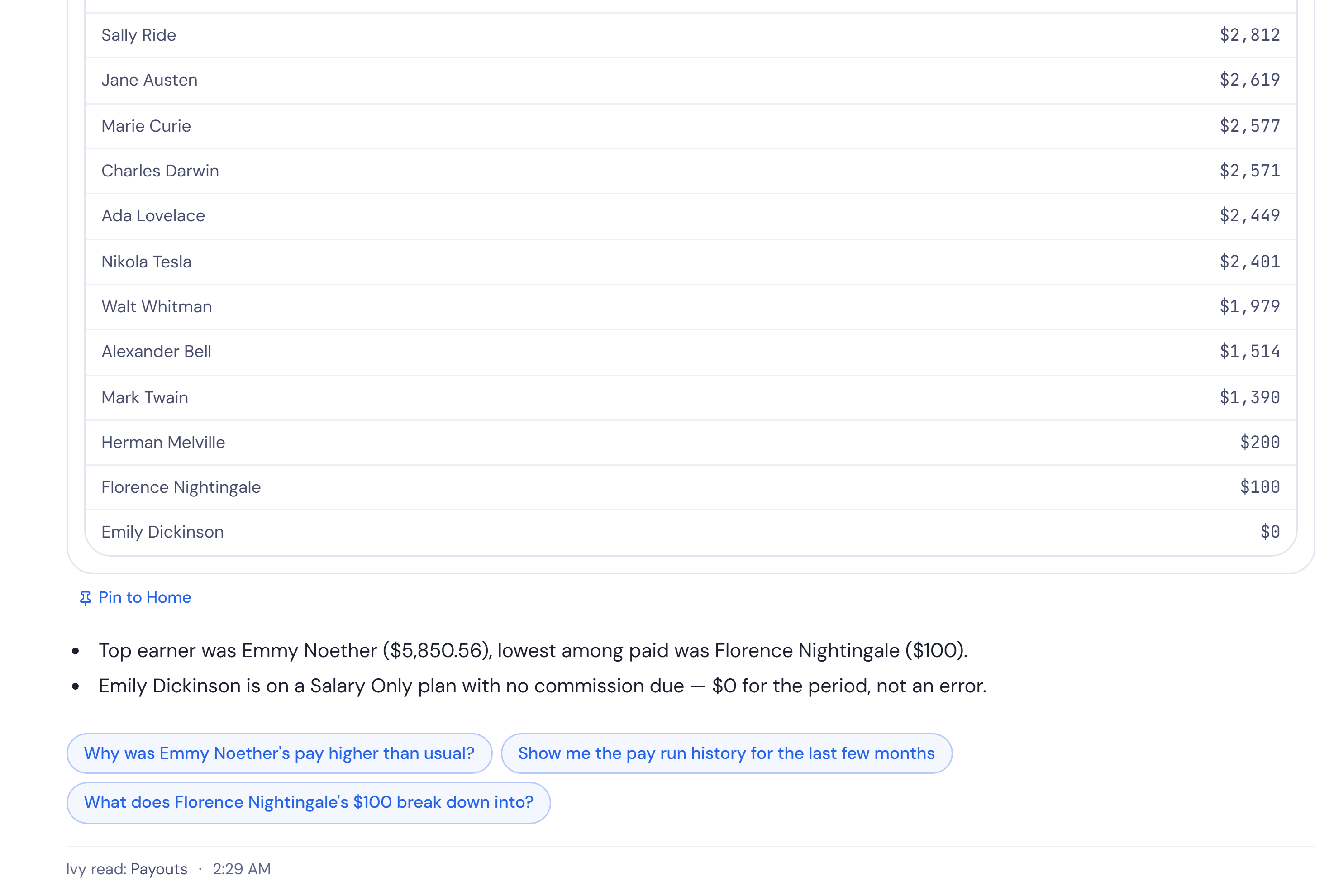 The end of an Ivy answer about September’s payouts, with the line under it that says Ivy read Payouts
